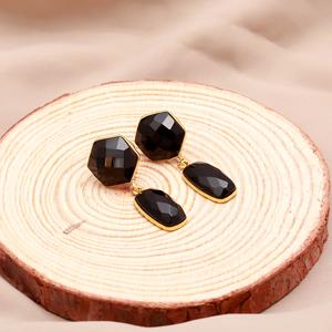Handmade <b>Black</b> Onyx Gemstone Fancy Shape <b>Stud</b> <b>Earring</b> Gold Vermeil Wedding/Anniversary Gift for Women Made in India - Product Image 2