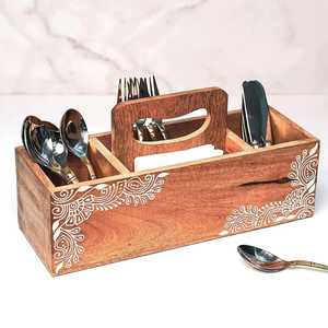Wooden Cutlery Organizer With Metal Handle Multi Compartment Utensil Holder Rustic Kitchen Flatware <b>Storage</b> Caddy - Product Image 4