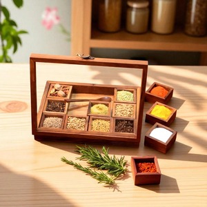 Excellent Quality Rustic Wooden Masala Organizer <b>Box</b> with Glass Lid for Home Kitchen Spice Storage and Decoration for Sale - Product Image 4