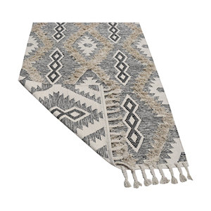Tapis en laine tissé à la main beige crème à tissage plat avec motif losanges en relief, géométrique noir, style bohème, à franges, écologique et sans produits chimiques - Product Image 4