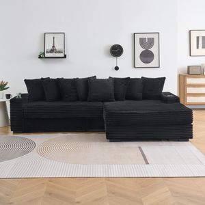 Divano Reclinabile in Velluto a Coste Nero da 283 cm con Portabicchieri, Bracciolo Sinistro/Destro Convertibile per Soggiorno, Funzione Contenitore Inclusa - Product Image 3