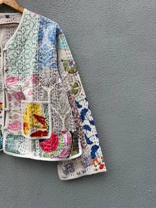 Bohemian Patchwork Cotton Jacket V-Neck Full Sleeve Embroidered Button <b>Up</b> Casual Outerwear Women's All season gift for her - Product Image 6