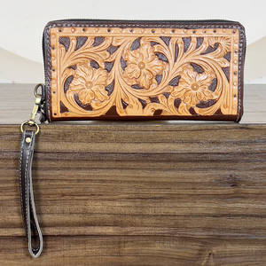 Cartera de mano de cuero genuino con diseño floral, estilo occidental, hecha a mano, con cremallera, para tarjetas de crédito y tarjetas ATM, venta al por mayor - Product Image 3