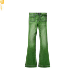 Vaqueros de mezclilla azules de corte bootcut con cremallera para mujer, de largo completo, estilo casual vintage, cintura alta, con cinturón de borlas y bordados, de secado rápido. - Product Image 4