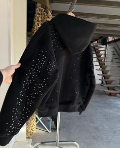 Sudadera con capucha personalizada vintage lavada y desgastada para hombre, OEM de fábrica, extragrande, de algodón 100% de alto gramaje, con cremallera y pedrería - Product Image 3