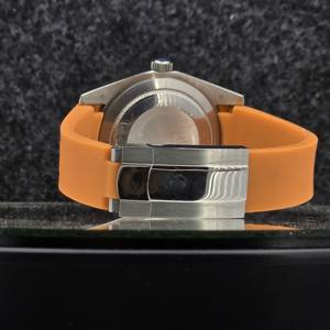 Luxury <b>Men's</b> Automatic <b>Watch</b> 904L Stainless Steel Fluted Bezel <b>Blue</b> Dial Orange Rubber Strap Business Mechanical Wristwatch 41mm - Product Image 4