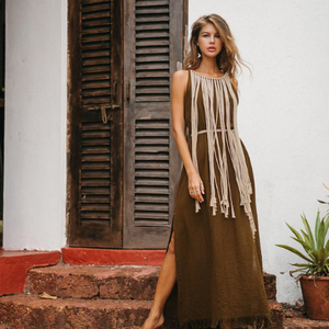 Vestido Maxi Boho para Mujer, Vestido de Festival, Vestido de Algodón Crudo con Abertura de Macramé, Vestido Marrón Estilo Hada, Regalo para Ella - Product Image 3