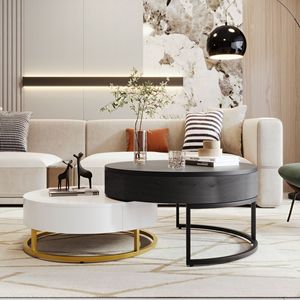 Modern Nesting Round <b>Lift</b>-top Coffee Tables with 2 Drawers White and Black Color - Product Image 3