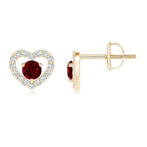 GEUM Jewels 14Kt Yellow Gold Rhodium Plated Natural Ruby Diamond Heart Minimalist Women's Stud Earrings OEM ODM Wholesale - Product Image 1