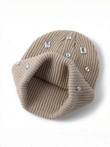 Gorro de Lana Personalizado para Mujer, Color Sólido, con Pelo de Conejo, Adornado con Pedrería, Técnica de Bordado 3D, para Viajes y Negocios - Product Image 2