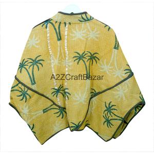 Veste Kantha en coton à imprimé palmiers jaunes, manches chauve-souris, style vacances d'hiver, tissu Kantha respirant, manches longues, longueur standard - Product Image 4