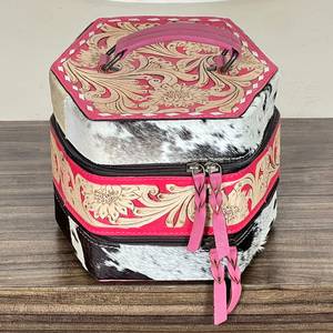 Boîte à bijoux en cuir rose véritable artisanal, motif peau de vache, élégante, avec fermeture éclair, pour ranger bagues, boucles d'oreilles, colliers - Product Image 2