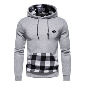 Sweat-shirt à capuche gris pour hommes, avec poche à carreaux et doublure à carreaux, coupe ajustée, tenue décontractée, style automne - Product Image 1