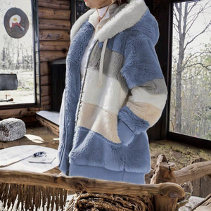 Veste d'hiver pour femme en fausse fourrure à capuche, patchwork, fermeture éclair, col amovible, chaude, écologique, manches longues, décontractée - Product Image 3
