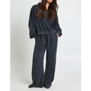 Sweat-shirts à fermeture boutonnée et pantalons amples à jambes larges, ensemble de survêtement personnalisé délavé à l'acide pour femmes - Product Image 1