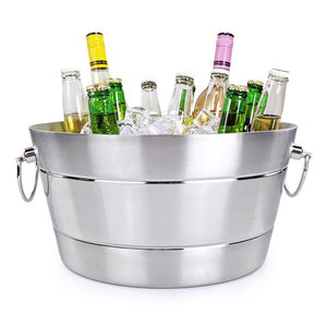 Silver Oval Beverage Tub 10 Litre Steel <b>Beer</b> Ice <b>Bucket</b> with Drop Ring Handles for Bar Party Table Drink Cooler - Product Image 1