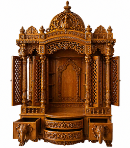 Buy Teak Wood Heavy Carved Indian Mandir with Door DST Exports <b>Wall</b> Mounted Small Size Temple with <b>Storage</b> Wholesale Pooja <b>Unit</b> - Product Image 2