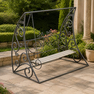 Banc balançoire de jardin en fer forgé orné avec chaînes, Jhula décorative d'extérieur avec siège à lattes pour pelouse et porche - Product Image 3