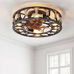 Modern Farmhouse LED <b>Ceiling</b> Fan with Caged <b>Light</b> Low Profile Flush Mount 6 Speeds Reversible Blades 6-Button <b>Remote</b> <b>Control</b> - Product Image 1