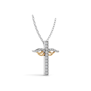 Collier pendentif croix religieuse en or 18 carats avec diamant de laboratoire, design aile de ruban bicolore, bijoux fins pour femme - Product Image 3