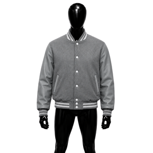 Nouvelle veste varsity en laine gris clair tendance, manches en cuir ton sur ton, classique, confortable, élégante, tenue urbaine tendance, à porter au quotidien - Product Image 1