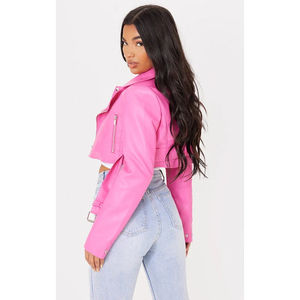 Stylish Women's Breathable Cropped <b>Pink</b> Leather <b>Biker</b> <b>Jacket</b> Trendy Moto Design Belt Long Streetwear Casual Fashion - Product Image 4