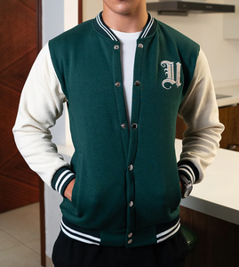 <b>Men's</b> Green <b>White</b> Varsity <b>Jacket</b> Fleece Material Turn-down Collar Regular Fit Casual Style Autumn Wear - Product Image 2