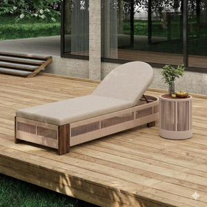 Chaise longue en teck avec coussin, lit de repos contemporain pour extérieur et bord de piscine, avec dossier solide et pieds coniques - Product Image 4