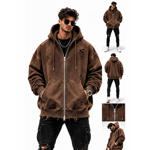 Sudadera con capucha unisex marrón vintage lavada y desgastada con cremallera, ajuste regular, forro polar rasgado, estilo urbano, con bolsillos, 100% algodón - Product Image 6