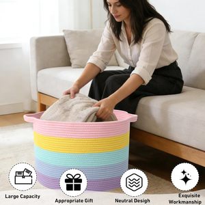 Colorful Cotton Rope <b>Storage</b> <b>Basket</b> Oval Multifunctional With Handles <b>Large</b> Capacity Blanket Laundry Hamper - Product Image 2