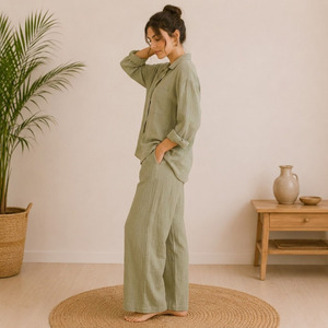 Ensemble de vêtements de détente pour femmes, 100% coton gaze, pyjama écologique, vêtements de nuit pour femmes, style décontracté d'été - Product Image 2
