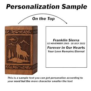 Urna Funeraria de Madera de Palisandro con Grabado de Lobo, Hecha a Mano, para Cenizas Humanas, Tamaño Mediano 9x5.5 Pulgadas - Product Image 3