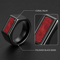 Bague de mariage pour homme en carbure de tungstène noir de 8 mm, large, rectangulaire, avec incrustation de corail, vente en gros