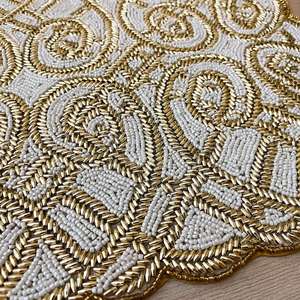 Set of 6, Handmade <b>beaded</b> <b>placemat</b>, white with gold, bead charger, 14 inch - Product Image 2