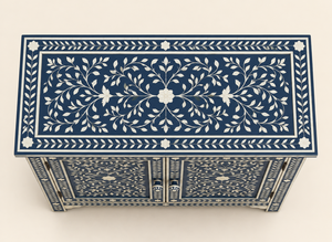 Meuble de rangement décoratif de luxe bleu marine fait main avec incrustation d'os et motif floral, fournisseur en gros Inde - Product Image 4
