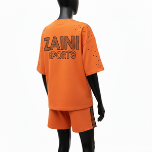 Ensemble short et t-shirt en coton éponge premium pour femme, 220 GSM, doux et respirant, avec panneau latéral orange et logo personnalisé par transfert thermique – Ensembles pour femme - Product Image 5