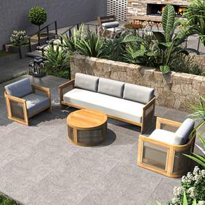 Ensemble de conversation de jardin 4 pièces en bois d'acacia avec coussins beiges pour la décoration de jardin - Product Image 1