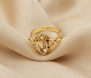 Bague pour femme en argent sterling 925 avec citrine jaune marquise, plaqué or rose, filigrane orné, style vintage artisanal bohème, bijou statement - Product Image 4