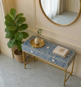 Table console moderne en os incrusté, table d'appoint pour entrée ou salon avec tiroirs, meuble de rangement à structure métallique - Product Image 3
