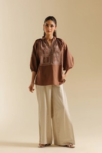 Brown Embroidered Women Kurta Palazzo Pants Set Indian Pakistani Clothing for Daily Wear - Product Image 1