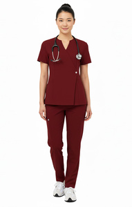 Conjunto de Uniforme Médico Unisex de Spandex/Algodón con Blusa Cruzada con Broches Laterales y Pantalones con Bolsillos Funcionales, Directo de Fábrica - Product Image 3
