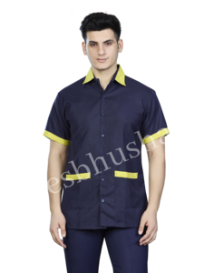 เสื้อเชิ้ตยูนิฟอร์มทำงานสีน้ำเงินกรมท่าสำหรับผู้ชาย แต่งขอบสีเหลือง ผ้าฝ้ายระบายอากาศได้ดี แขนสั้น เสื้อผ้าแฟชั่นสำหรับทำงาน - Product Image 4