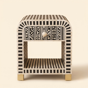 Table de chevet artisanale en os incrusté, motif floral, style bohème, luxe moderne, écologique, 1 tiroir, meuble de chambre à coucher - Product Image 1
