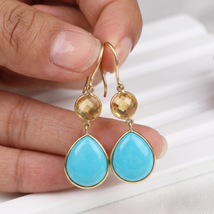 Nouvelle Arrivée Boucles d'Oreilles Pendantes Classiques pour Femme en Or Jaune Massif 18 carats avec Pierres Précieuses Turquoise et Citrine, Faites à la Main, Bijoux de Mariage, Cadeau de Fête - Product Image 6