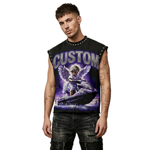 Débardeur en coton épais personnalisé, délavé vintage, avec imprimé graphique Grim Reaper clouté, style streetwear, sans manches, vierge - Product Image 2