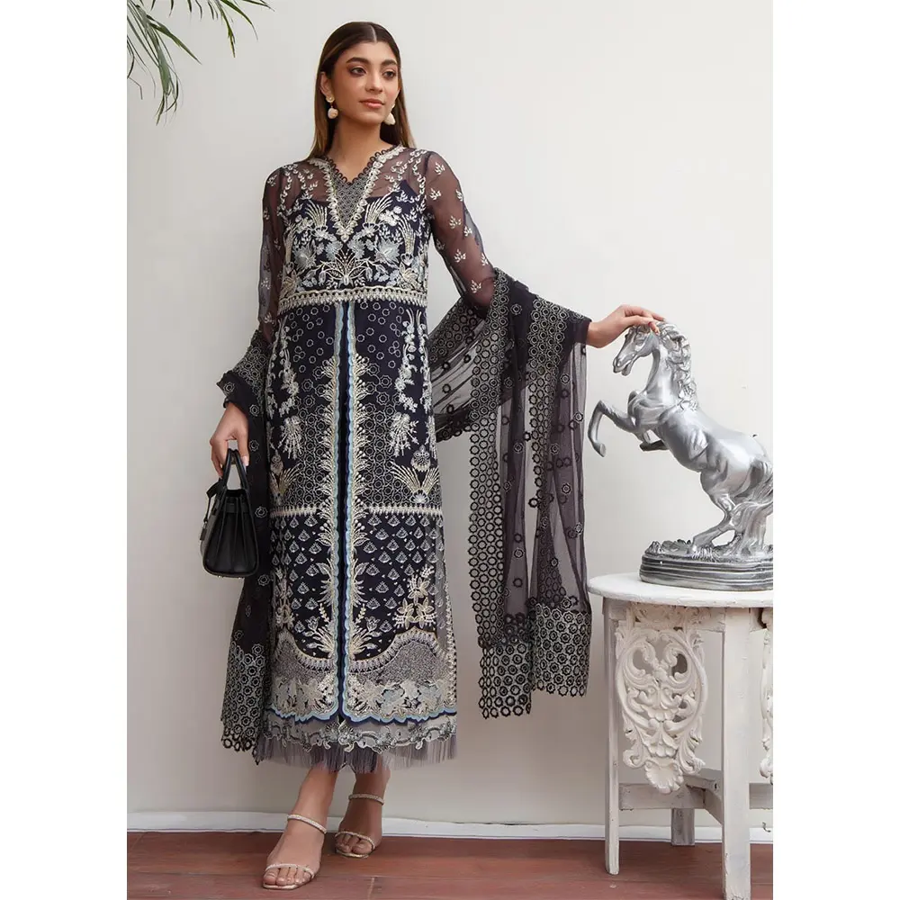 2023 Bollywood Party Wear Dress con ricamo pesante camicia lunga in Chiffon pantalone e sciarpa abito indiano e pakistano