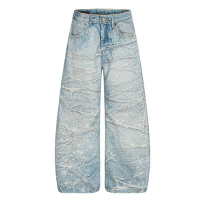 Vaqueros con estampado gráfico de pedrería, corte holgado, diseño personalizable, lavado vintage, corte tipo barril, vaqueros de mezclilla estilo streetwear, pantalones de hip hop - Product Image 1