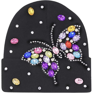 Black Rhinestone Knit Beanie Hat Women <b>Men</b> Winter Ribbed <b>Cap</b> Soft Stretch Warm Streetwear Custom Logo Hat - Product Image 1