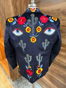 Ensemble de costume blazer bleu marine brodé pour homme – Motifs floraux, cactus et œil porte-bonheur – Tenue de cérémonie de créateur - Product Image 2