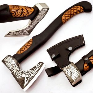 Handmade <b>Axe</b> Damascus Steel Blade <b>Wood</b> Handle With Leather Sheath Outdoor Knife - Product Image 6